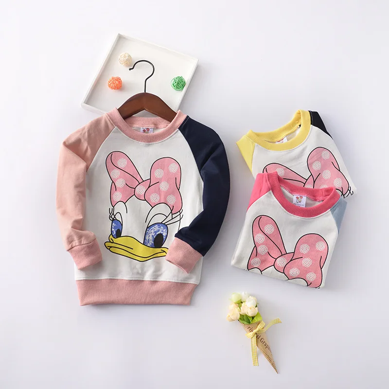 

3-7 Yrs Baby Girl Spring Autumn Unique Long-sleeved Top Cartoon Printing Donald Duck Sweater Splicing Sleeve Fashion Sports Coat