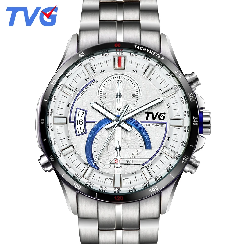 

TVG man watch 2018 Fashion male clock Stainless Steel Strap Sports Watches Date Day Week Display Casual Waterproof Wristwatches