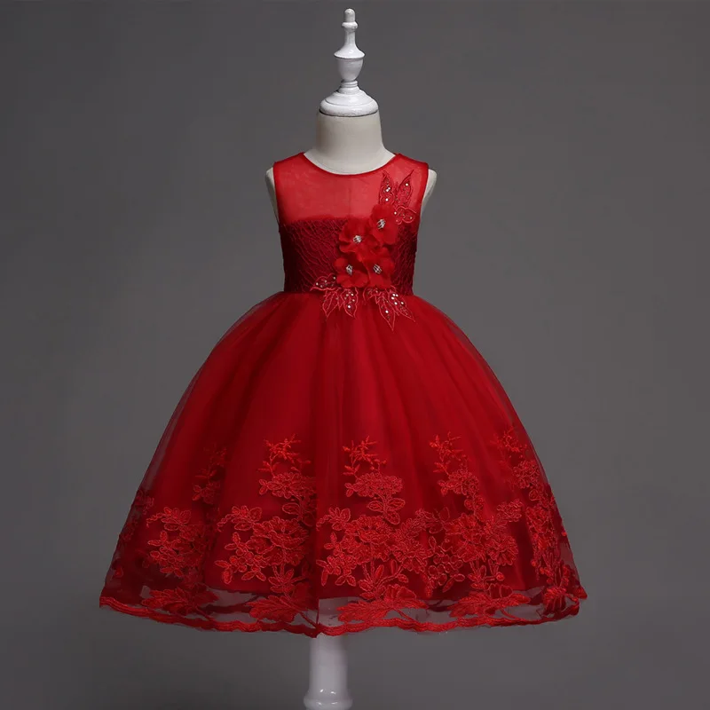 

Europe 2019 Hot Sale Dress for Girls Knee-Length Lace Solid Children `s Dress Cute Ball Gown Sleeveless Kids Dresses for Girls