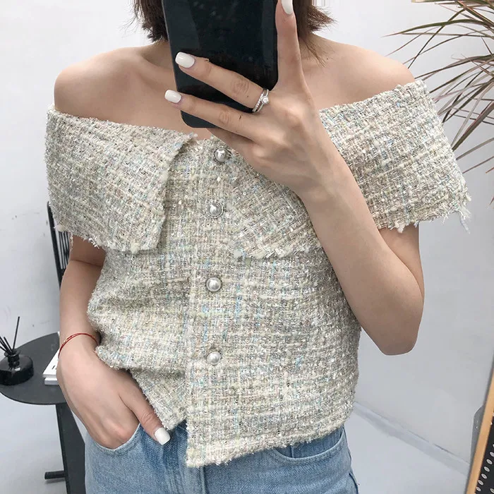 WHITNEY WANG 2019 Spring Summer Fashion Streetwear Sexy Slash neck Tweed Blouse Women blusas Shirt Tops