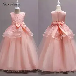 Розовые Платья с цветочным узором для девочек с изящной кружевной аппликацией и бантом на поясе, праздничное платье для девочек на день
