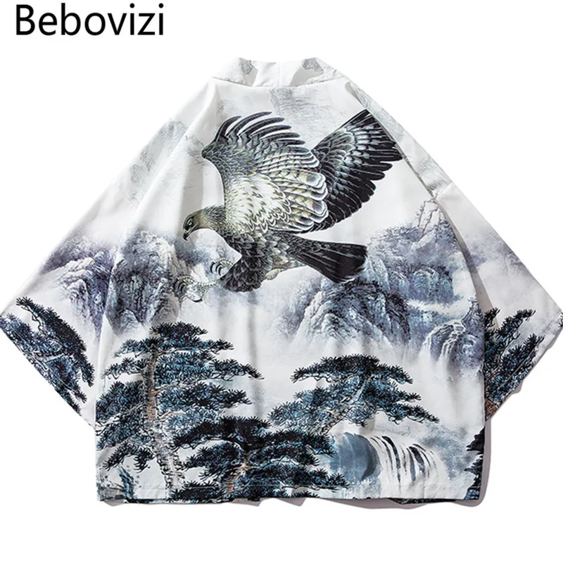 

Bebovizi Chinese Style Eagle Printed Cardigan Kimono Japan Loose Thin Polyester Robe Mens Harajuku Streetwear Jacket Male Coat