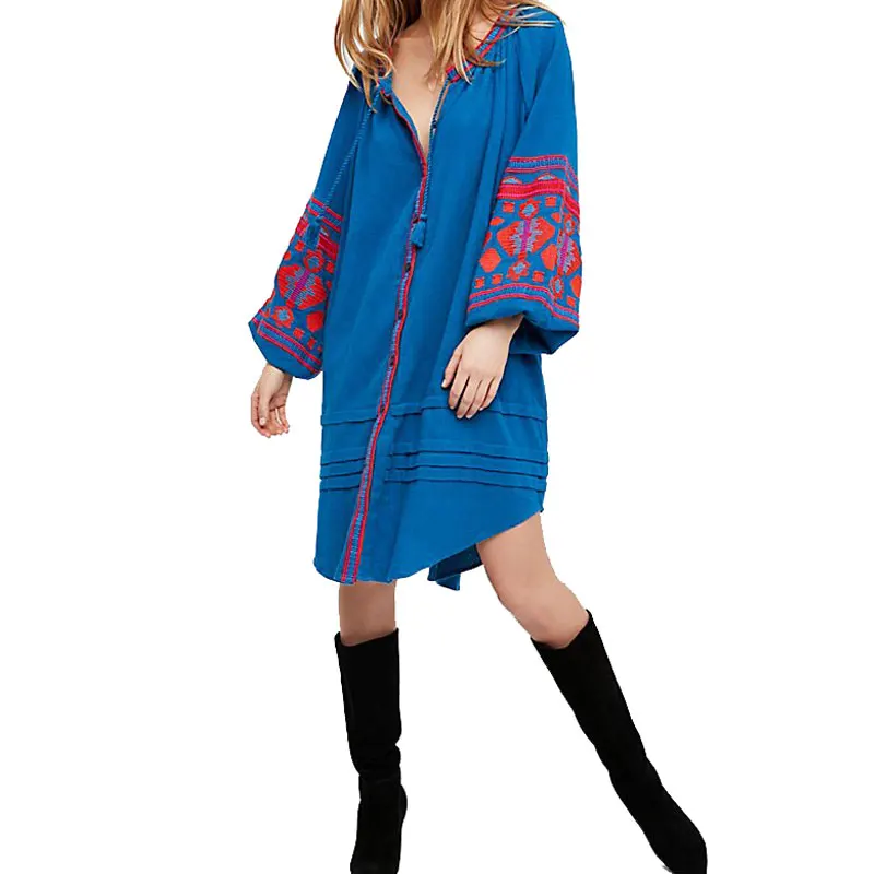 

2019 Spring Summer Boho Dress Women O Neck Loose Hippie Chic Lantern Sleeve Blue Female Dresses Ethnic Holiday Beach Vestidos