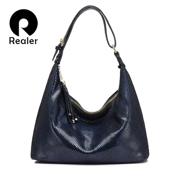 

REALER brand fashion women shoulder bag female genuine leather handbag tassel ladies bag high quality serpentine print tote bag