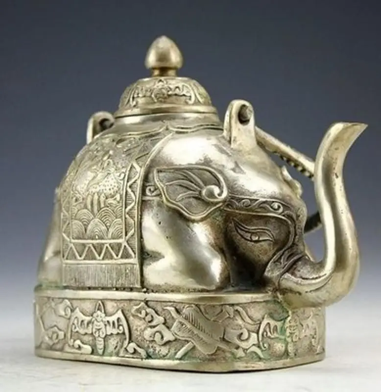 

China Rare Miao Silver Elephant Shape Tea Pot decoration Tibetan Silver word Wholesale 2pcs bronze
