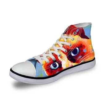 

WHEREISART Fashion Unisex Owl Wolf Horse Animal Print High Top Lace Up Shoes Casual Canvas Sneakers for Women and Men Cat