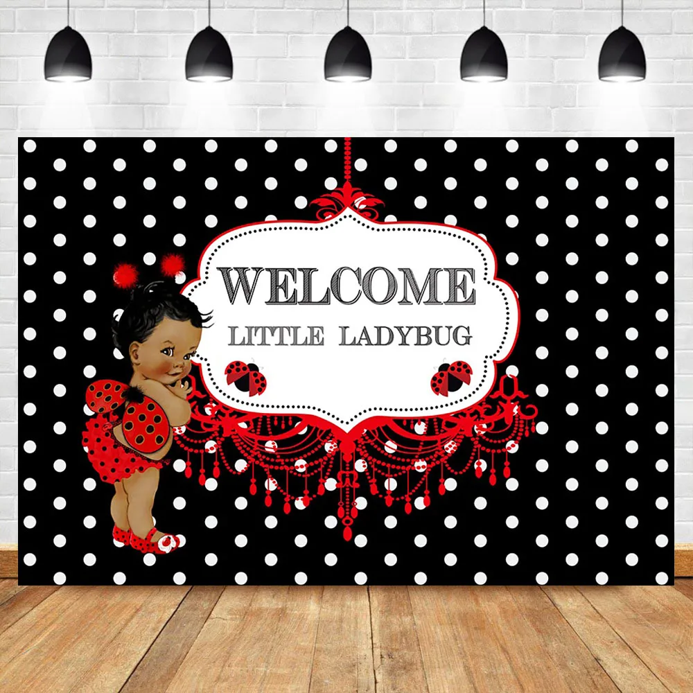 

NeoBack Newborn Baby Shower Backdrop Welcome Little Ladybug Photography Background Red Baby Shower Party Banner Decorate Props