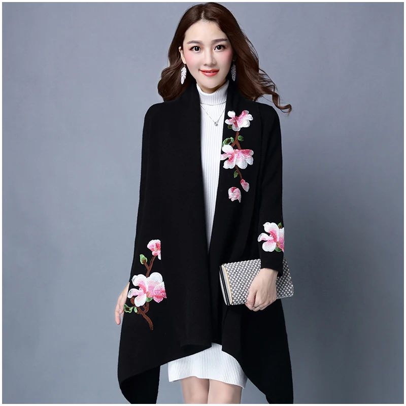 

Elegant Sweater Cloak Coat Women Floral Embroidery Kimono Autumn Winter Long Female Overcoat Long Sleeve Trench Coat Outwear