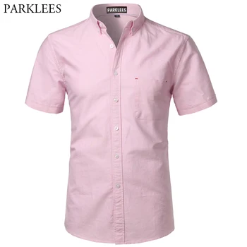 

Pink Oxford Cotton Mens Dress Shirts 2019 Summer Slim Fit Short Sleeve Button Down Shirt Male High Quality Business Work Chemise