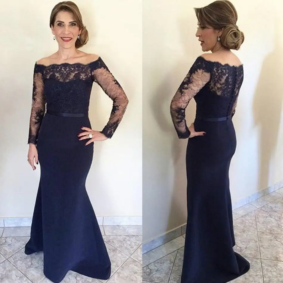 

Long Sleeve Mother Of The Bride Dresses Navy Blue Mermaid Groom Mom Evening Party Dress Boat Neck Button Lace Wedding Party Wear