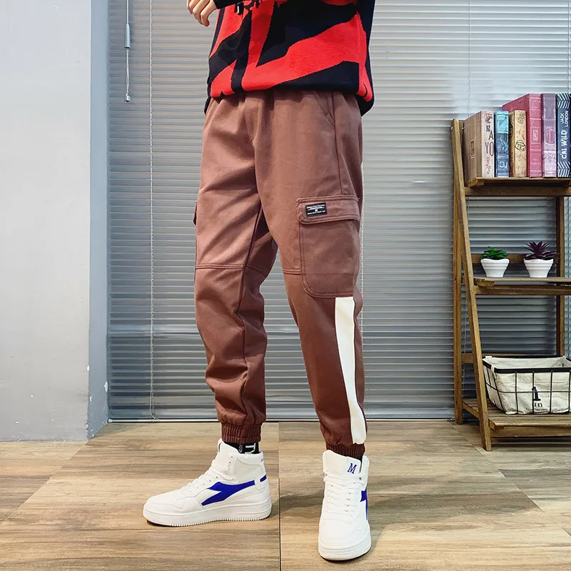 2019 Discount Only Today Polyester Pants For Men Black Stripe Solid Pocket Fashion Hip Hop Causal Korean Men Cargo Pants