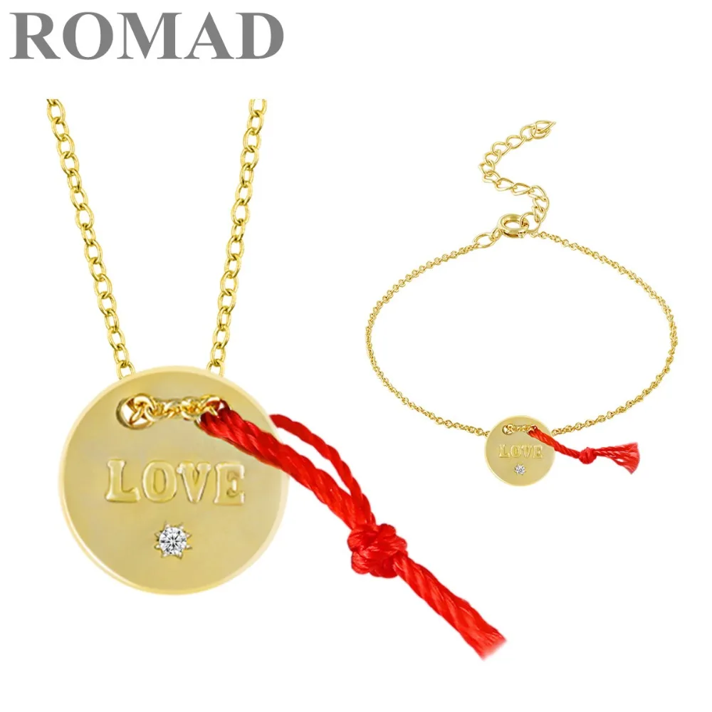 

ROMAD Gold Color LOVE CZ Round Pendant Necklace + Bracelet Jewelry Set For Women Wedding Fashion Elegant Red Rope Bridal Sets