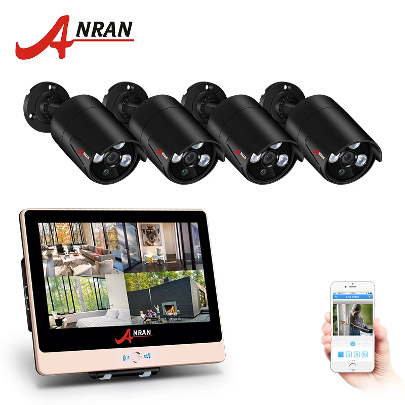 ANRAN 4CH Security Camera System 12 Inch LCD Monitor POE NVR CCTV Kit With 4 1080P