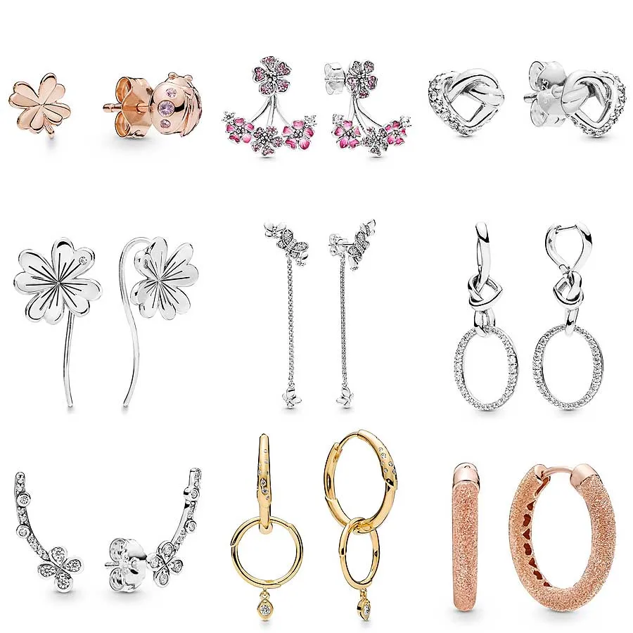 

Rose Blossom Butterfly Knotted Hearts Four-leaf Clovers Earring 925 Sterling Silver Earrings For Women Gift Diy Pandora Jewelry