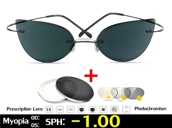 Титановые очки без оправы, очки для близорукости, фотохромные очки, женские очки-хамелеоны, линзы с диоптриями - Цвет оправы: Black Myopia -1.0