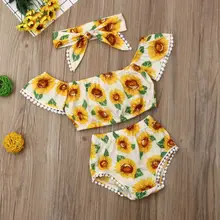 Лидер продаж, детские топы с цветочным принтом и подсолнухом для новорожденных девочек, повязка на голову, комплект детской одежды из 3 предметов, костюм с кисточками для маленьких девочек