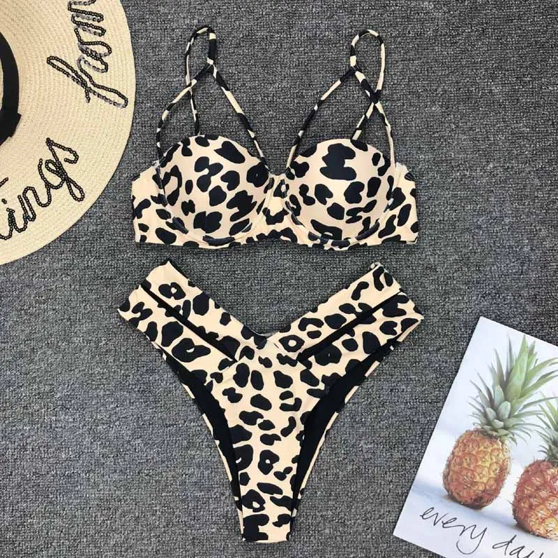 

New Bikini 2019 Leopard Print Push Up Swimsuit Women Sexy High Waist Bandage Thong Swimwear For Beach Wear Bathing Suit 5080