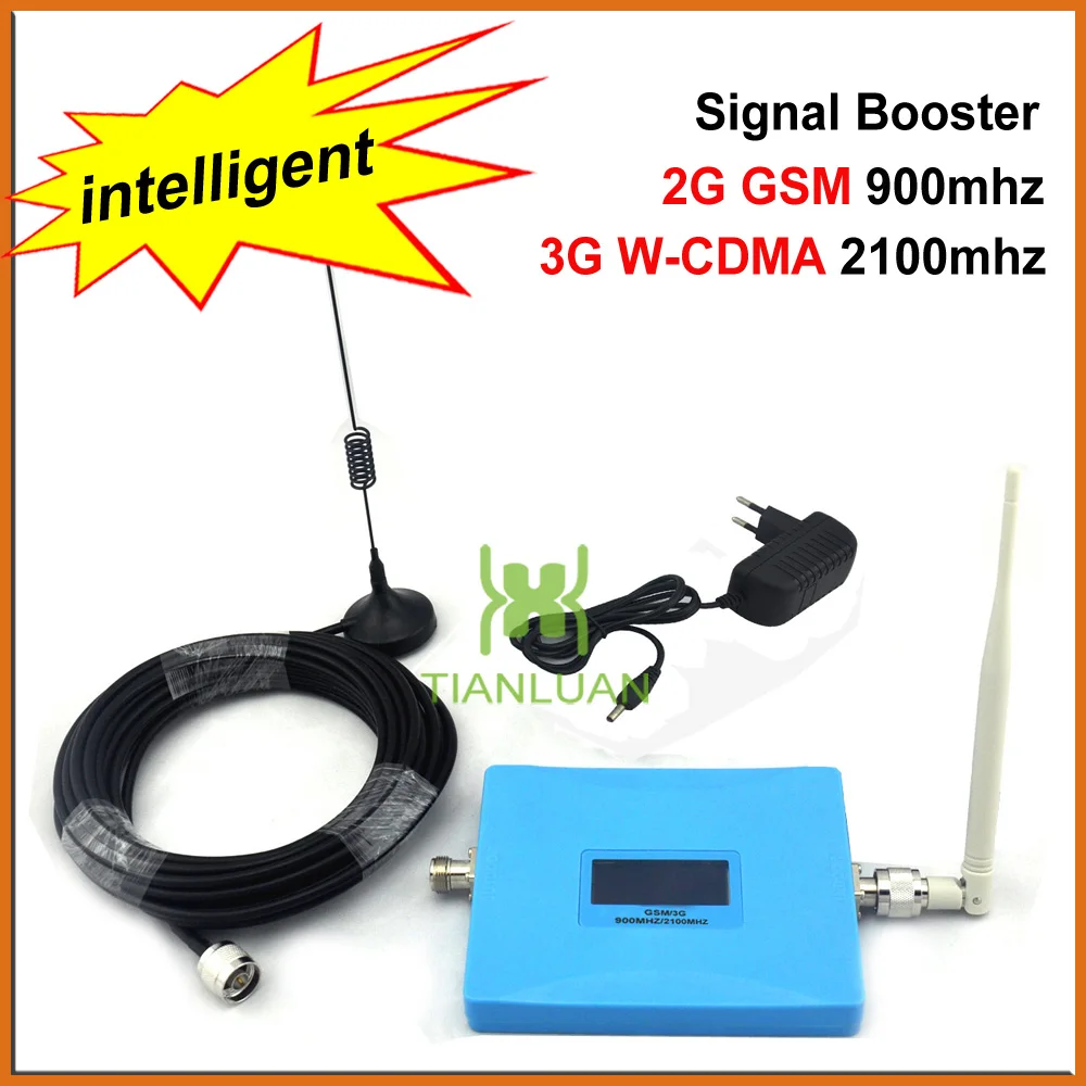 

Intelligent GSM 900Mhz W-CDMA UMTS 2100MHz Cell Phone Signal Booster Dual Band 2G 3G Signal Repeater with Sucker Antenna Blue