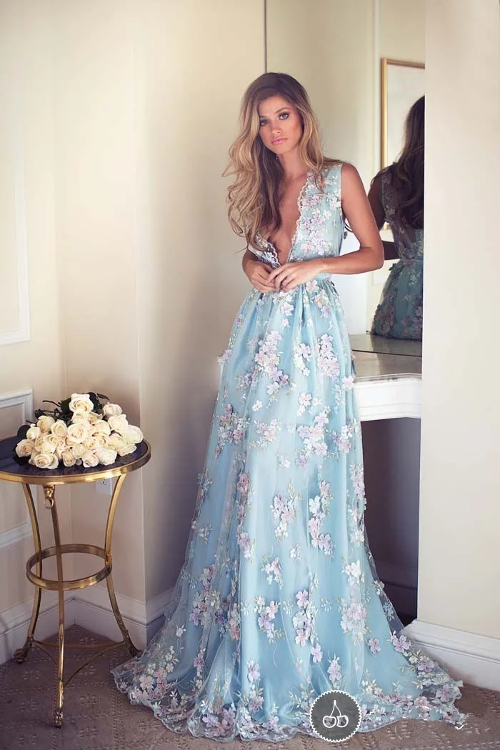 Light Blue Appliques Beach Wedding Dresses Sexy Deep V Neck