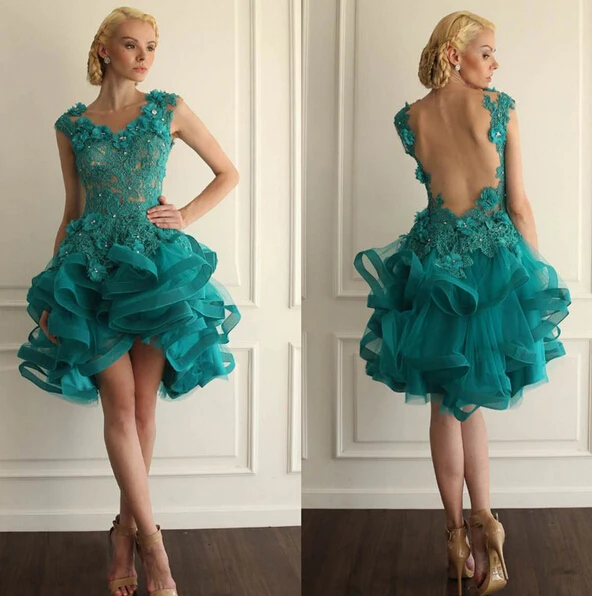 

2015 Emerald Green Short Homecoming Dresses V-neck Tank Lace Beading See Through Open Back A-line Ruched Celebrity Prom Dress
