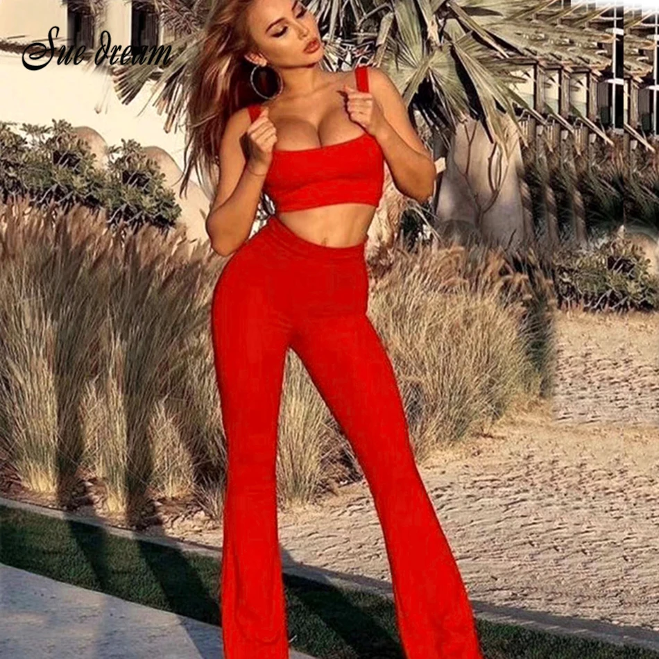 

2019 new women's fashion summer sexy jumpsuit solid color 2 two-piece sleeveless jumpsuit bandage knit tights jumpsuit