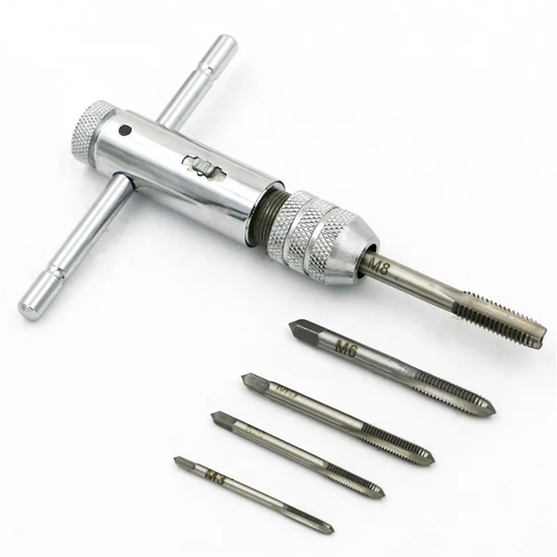 M3 M8 T Handle Ratchet Tap Wrench Machinist Tool + 5pcs Screw Tap Hand