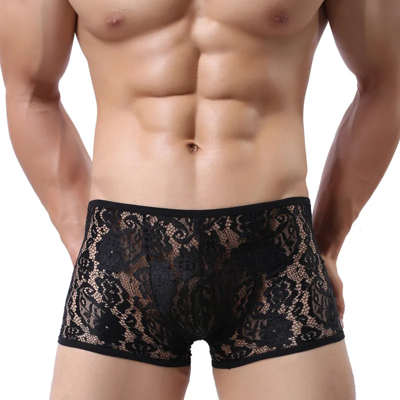

Sexy Mens Underwear Lace Transparent Boxers Male Calzoncillos Cuecas Shorts Boxer Hombre Men's Openwork Breathable Underpants
