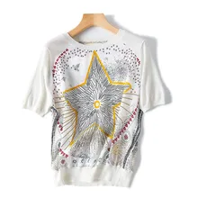 Шелковые женские летние модные футболки с принтом пуловер Oneck короткий рукав футболки Белый M/L Розничная