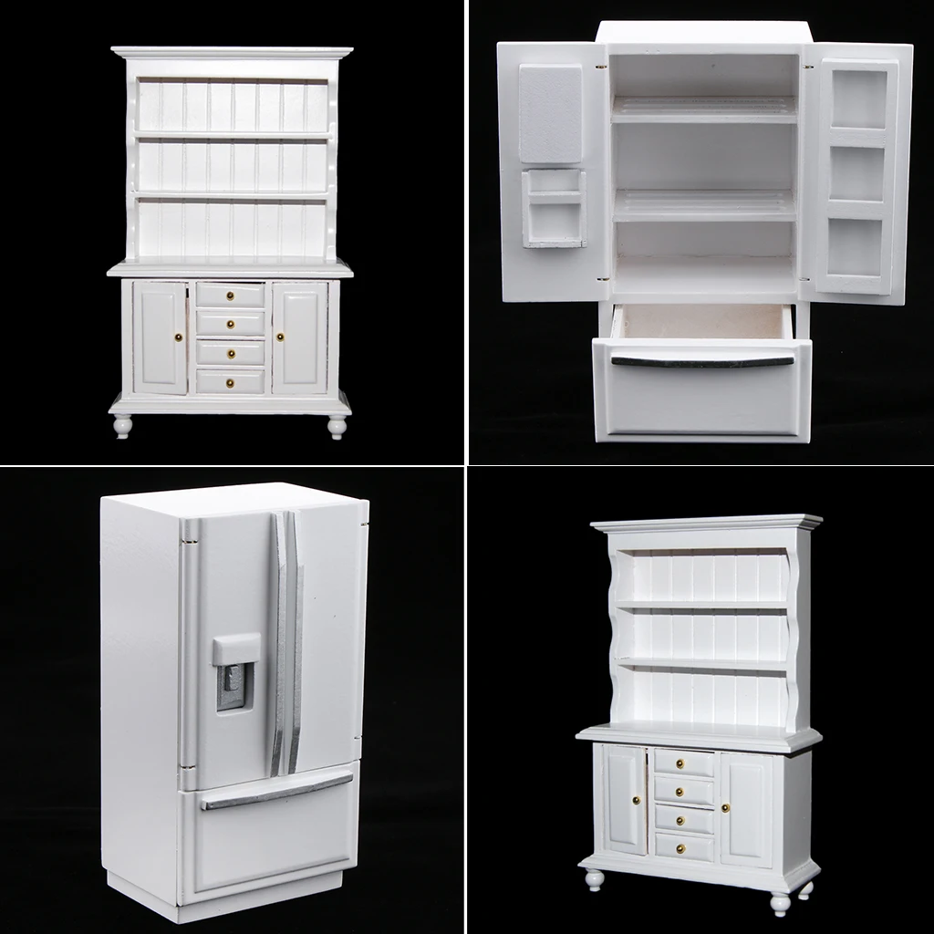 1/12 Dollhouse Miniature Wood Fridge & Cabinet Shelf Cabinet Model Kitchen Furniture Decoration White