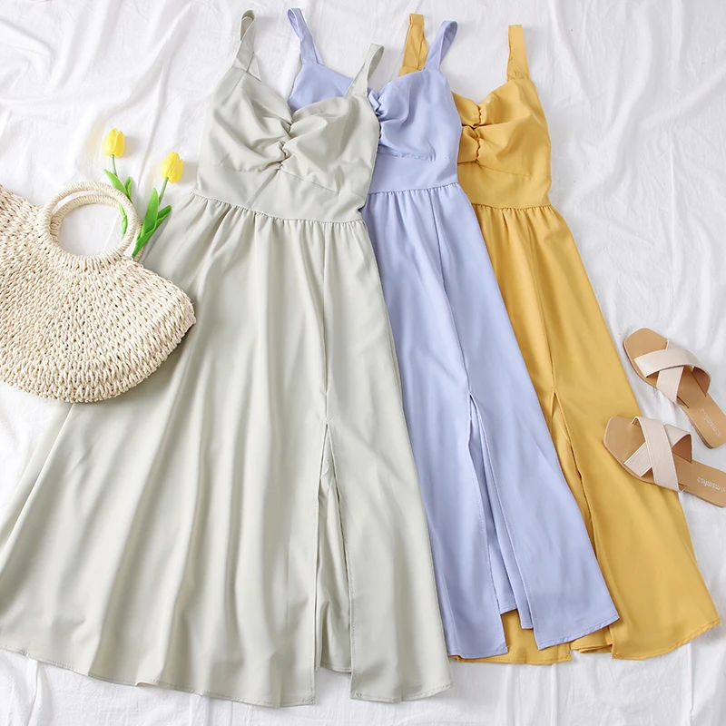 

SKOONHEID Summer Women Spaghetti Strap Split Dress Korean Elegant Solid Party Dress Romantic Sleeveless Ruched Long Sundress