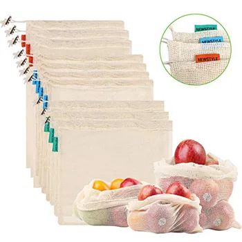 

10pcs Reusable Mesh Produce Bags Washable Bags For Grocery Shopping Storage Fruit Vegetable Sundries Organizer Storage Bag D#