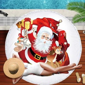 

Santa Claus Printed Round Beach Towel Indian National Microfiber Fringe Living Room Wall Hanging Tapestry Plush Yoga Mat