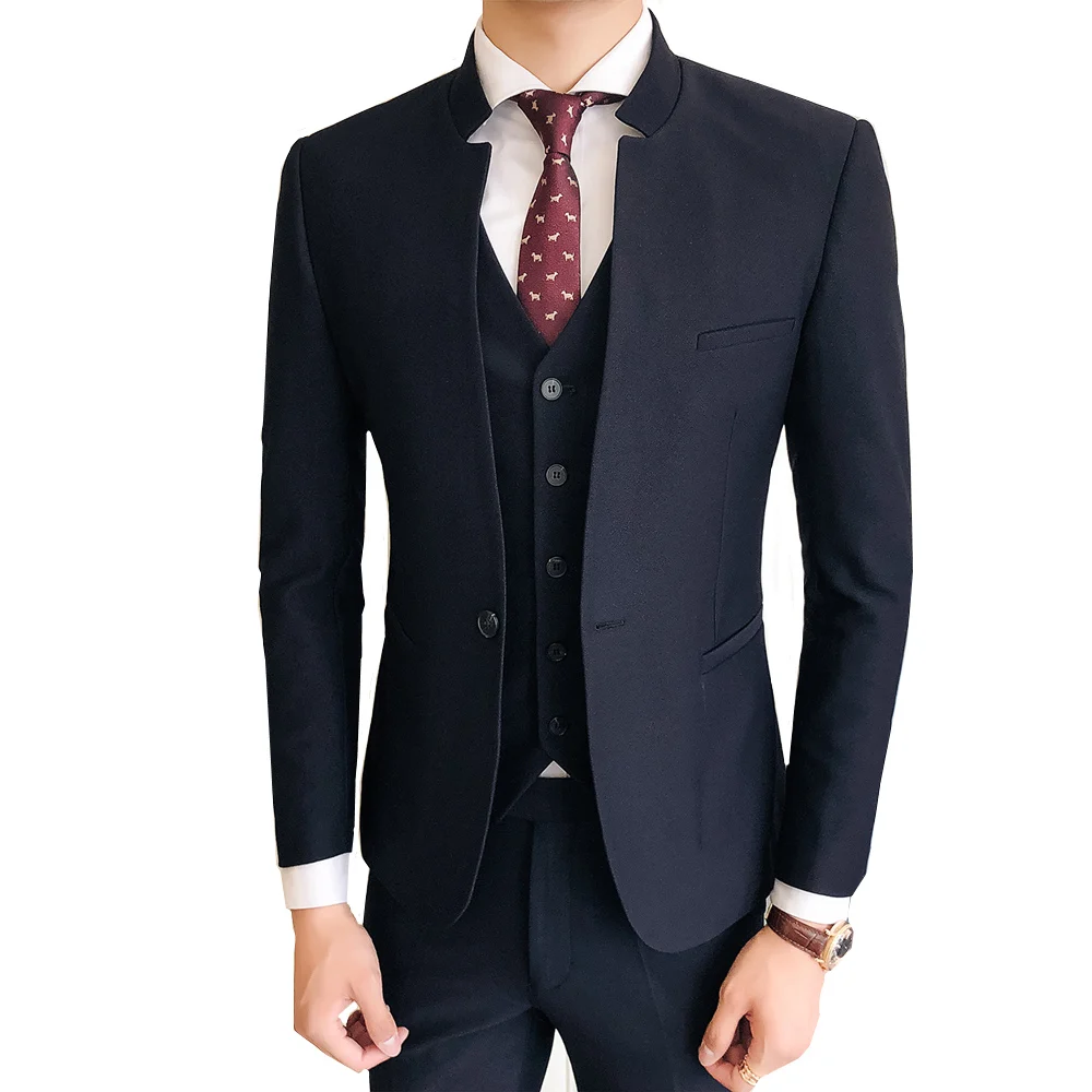 С воротником Мандарин костюм Для мужчин Slim Fit сплошной Цвет китайский стенд и