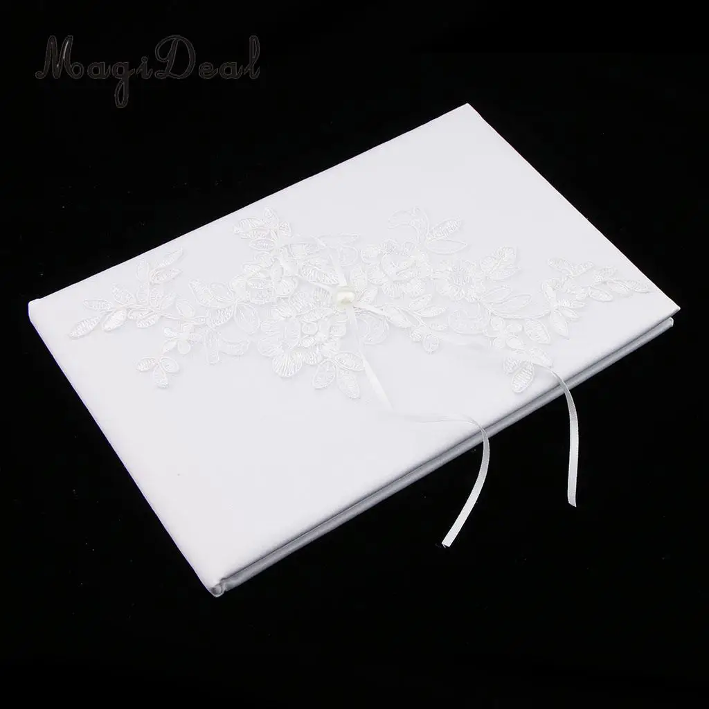 MagiDeal Wedding Ceremony Party Signature Guest Book Pearls Lace Flower Applique Guestbook