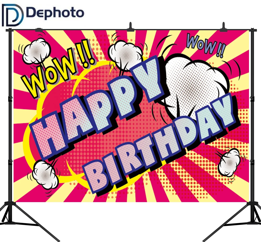 

DePhoto Superhero Happy Birthday Party Baby Comics cloud Banner Photographic Backgrounds Photo Backdrops Photocall Photo Studio