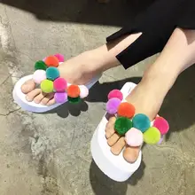 Женщина Сандалии и Вьетнамки Пляжные Тапочки Красочные шар шерсть Клин Платформы Сандалии Высокие Каблуки Обуви Квартиры Флип-Флоп