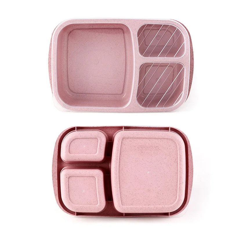 3 Compartment Plastic Bento Lunchbox Portable Kids School Lunch Boxes Wheat Straw Storage Food Containers for Picnic Dinnerware (4)
