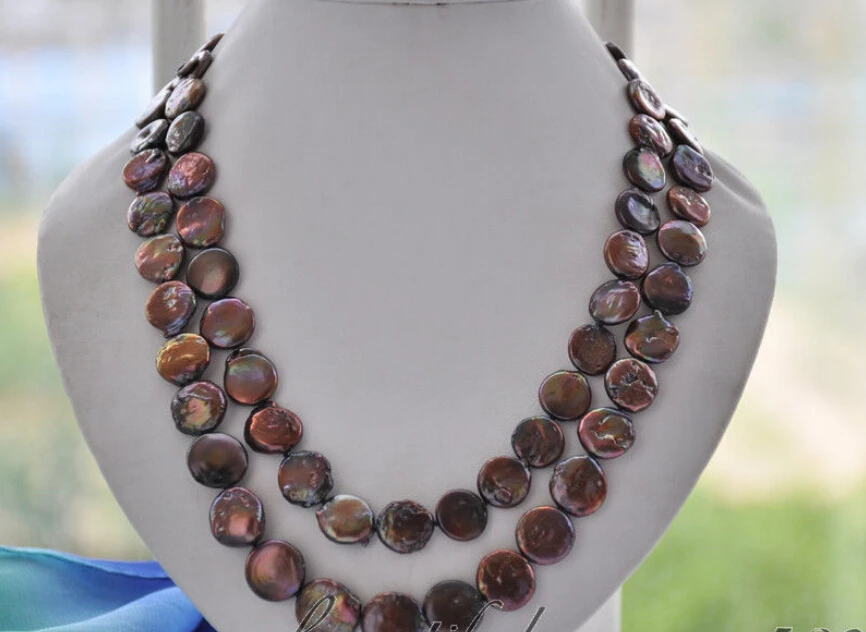 

2strands 14mm coin coffee freshwater pearl necklace 21inch