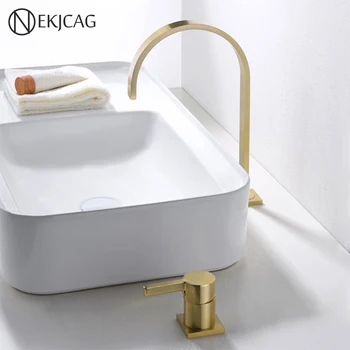 

Copper Hot and Cold Double Hole Heightened Washbasin Above Counter Basin Faucet Brushed Gold Basin Faucet Nordic Brass