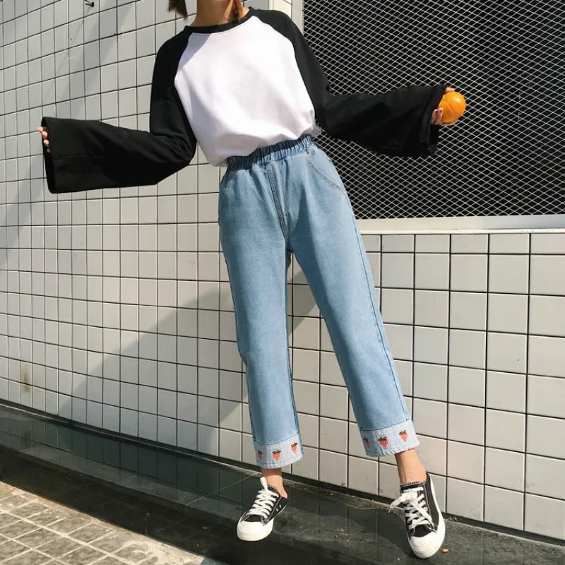 Harajuku модные женские джинсы с высокой талией милые Клубничные джинсы с вышивкой для девочек джинсовые брюки с эластичной талией джинсовые брюки