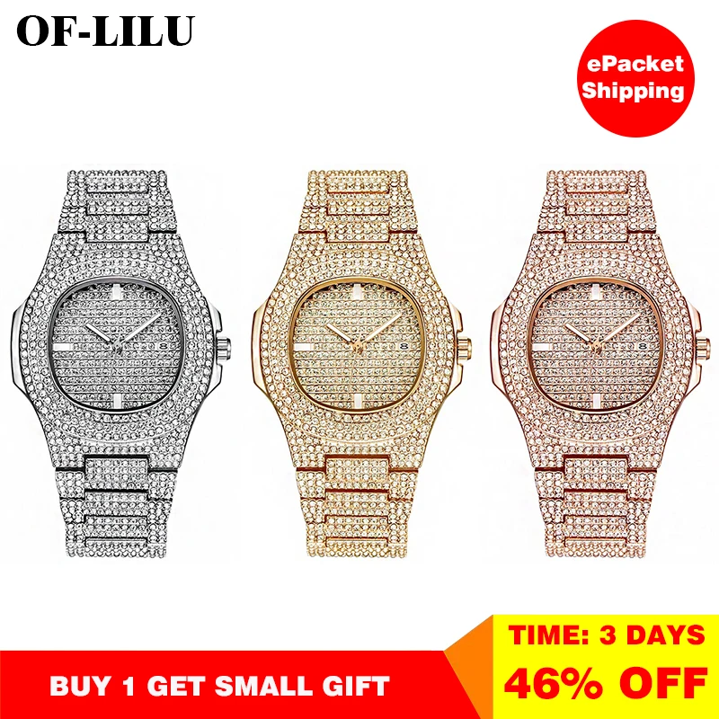 

Gypsophila 3 color rhinestone zircon luxury brand men's stainless steel waterproof calendar watch CZ men's hip hop watch clock