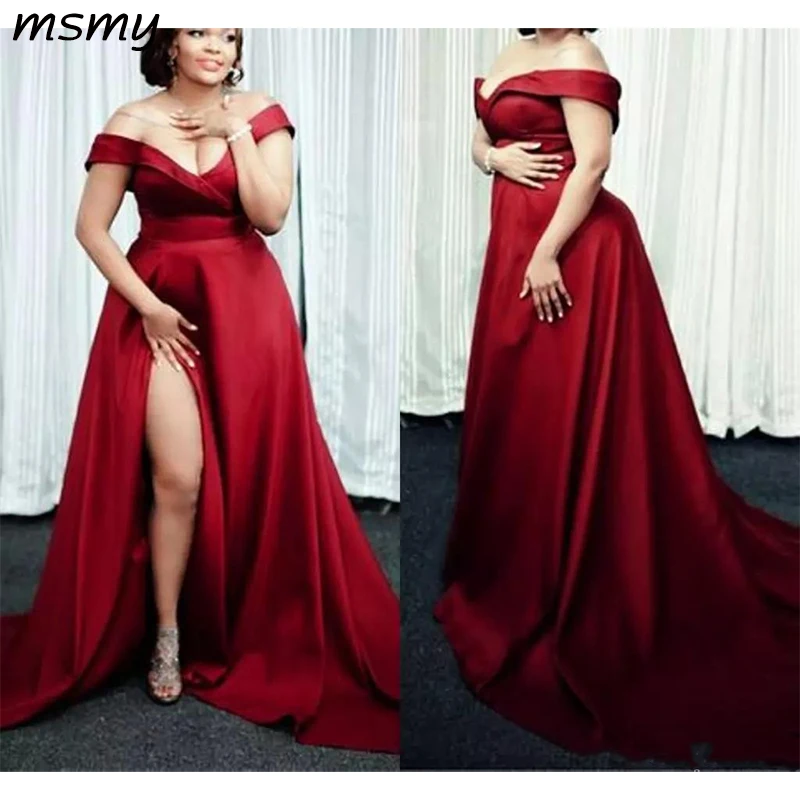 

Dark Red Plus Size Evening Dresses 2018 Off The Shoulder Satin Split Side Long Simple Prom Dresses Custom Made Pregnant Evening