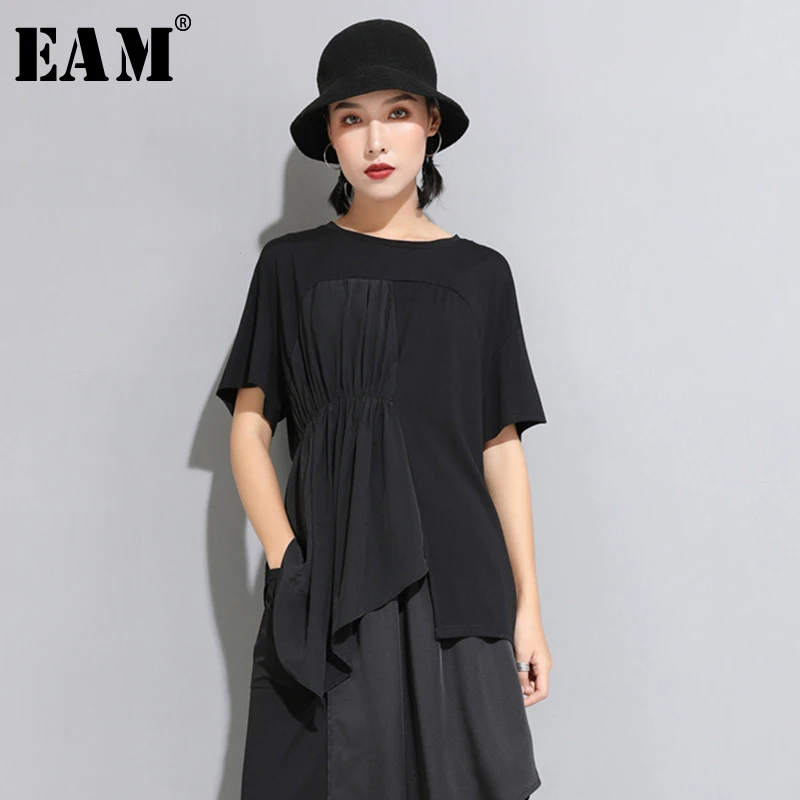 

[EAM] 2019 New Spring Summer Round Neck Short Sleeve Black Pleated Split Joint Irregular Big Size T-shirt Women Fashion JW596