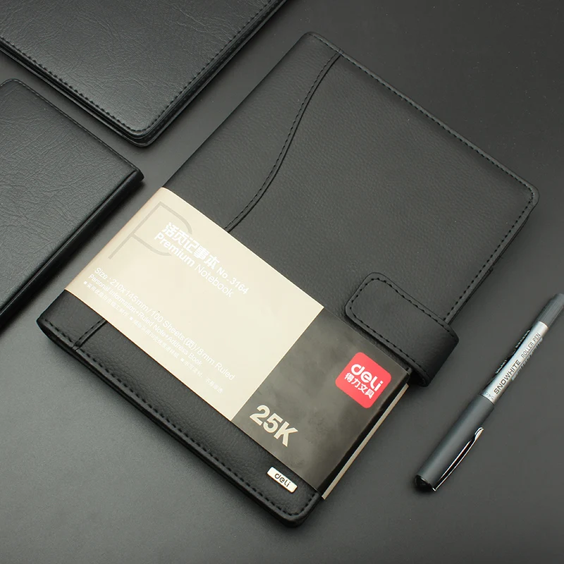 Deli 1pcs leather notebook high quality business meeting diary book with a gel pen black stationery thick notebook 3164