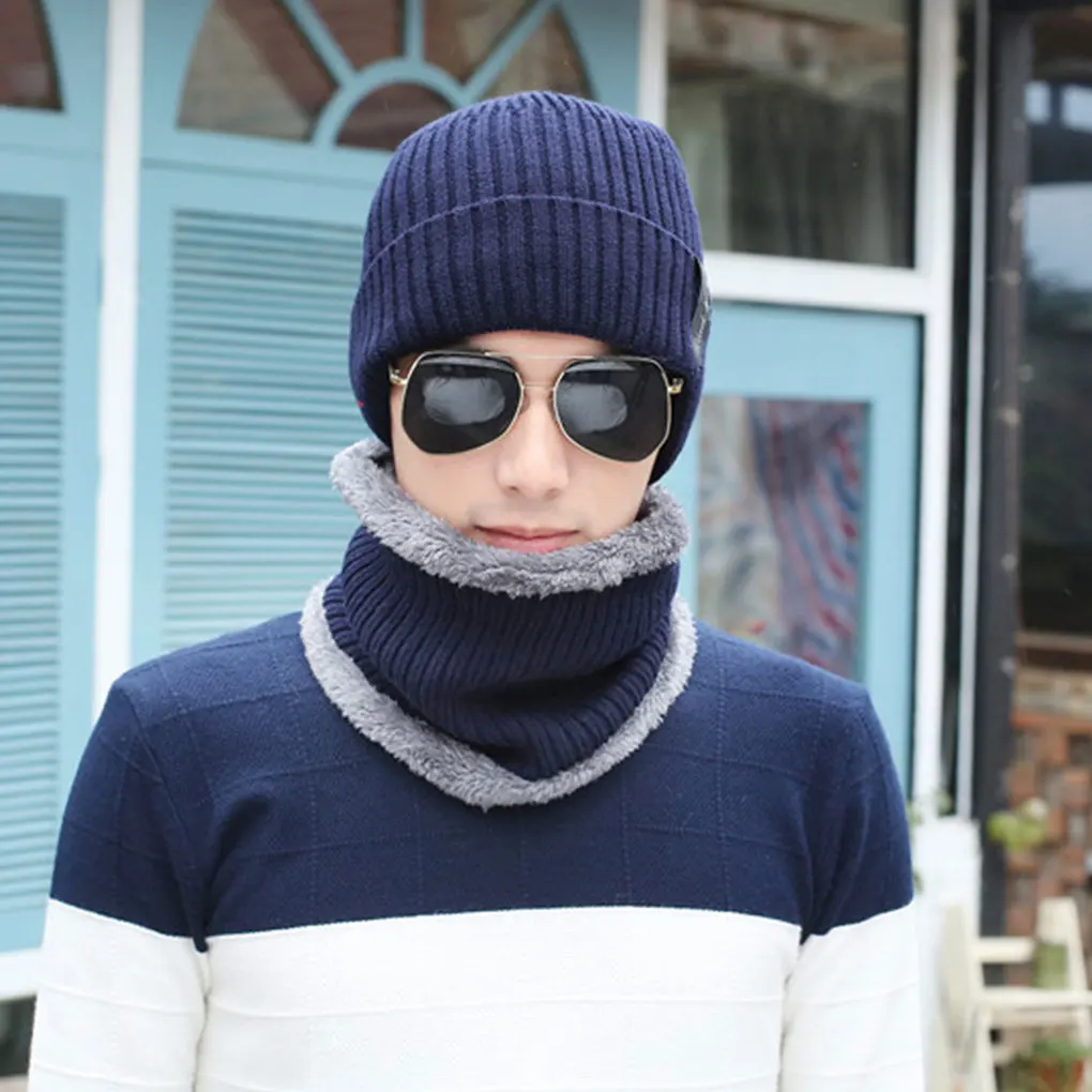 Набор для мужчин и женщин, Шапочка-шарф, вязаная шапка, плетеный теплый бархат, толстый зимний головной аксессуар