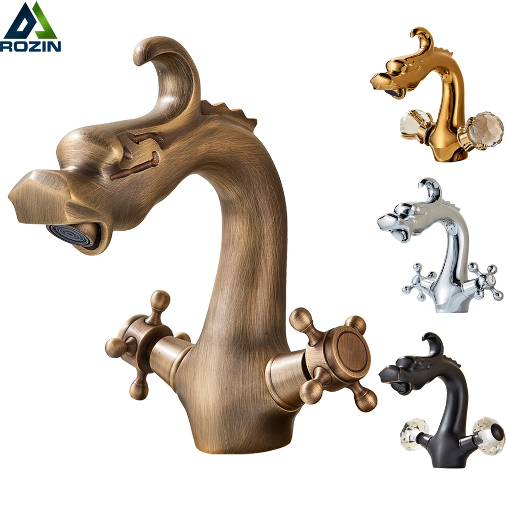 Dragon Carved Basin Faucet Antique Bronze Bathroom Vessel ...