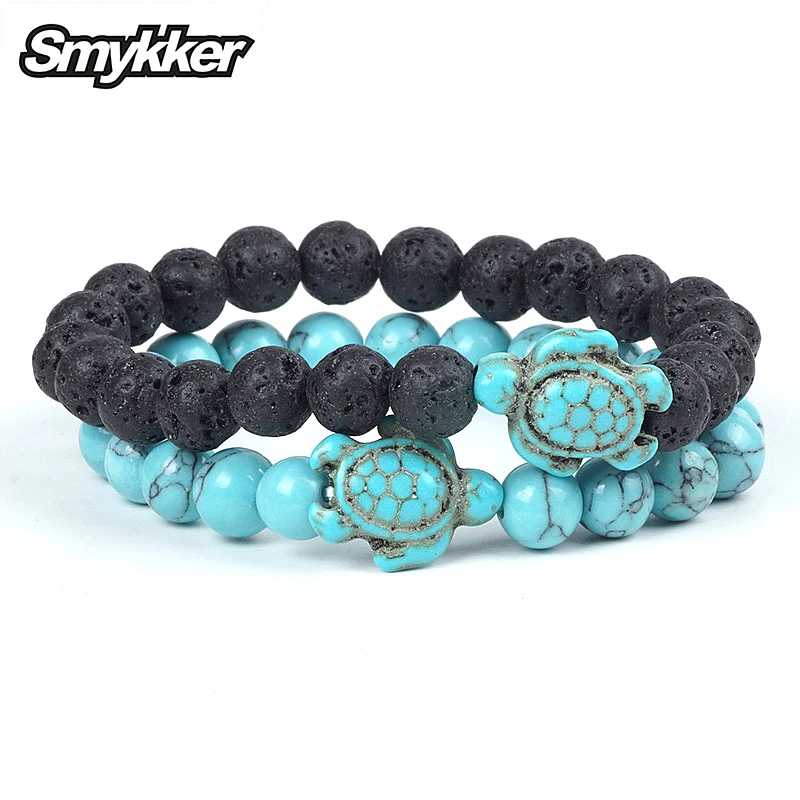 

2Pcs/Set Couple Bracelet Turquoise Animal Sea Turtle Tortoise Obsidian Matte Black Lava Stone Bead Bracelet Jesus Cross Jewelry