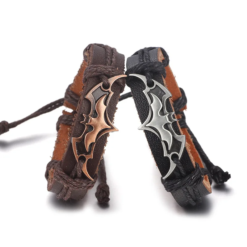 

24 Pcs/Lot Leather Black Bat Bracelets Men Hope batman Bracelet Pulsera Movie Hand Lucky Survival Bracelets Bulk Wholesale