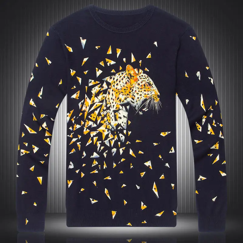 Китайский Стиль Алмазы Leopard сплайсинга печати Бутик вязаный свитер Осенняя одежда года и Зимняя мода высокого класса свитер Мужчины М-XXXL - Цвет: as picture