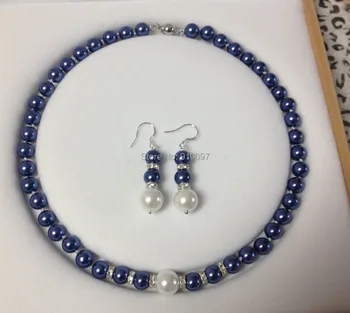 

LHX54013>>8-12mm Blue /White South Sea Shell Pearl necklace earrings set AAA Grade